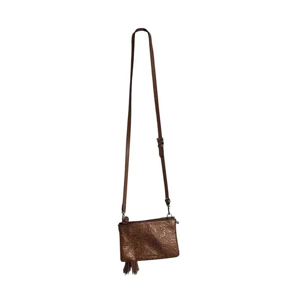 Tommy Bahama Bronze Metallic Tooled Leather Crossbody Wallet Bag